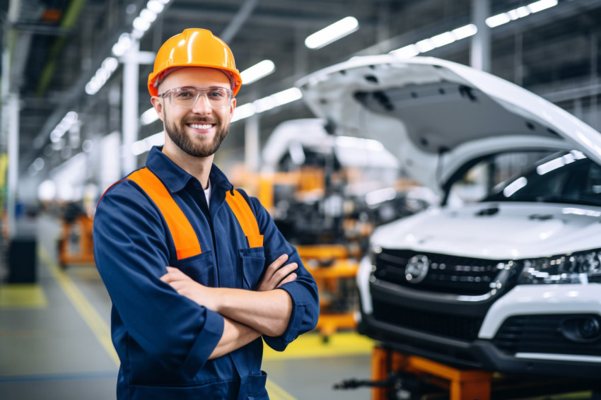 Car factory engineer smiling at work on blured background