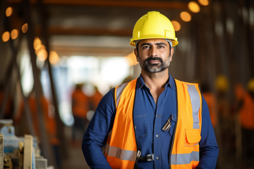 Indian construction worker smiling at work on blured background