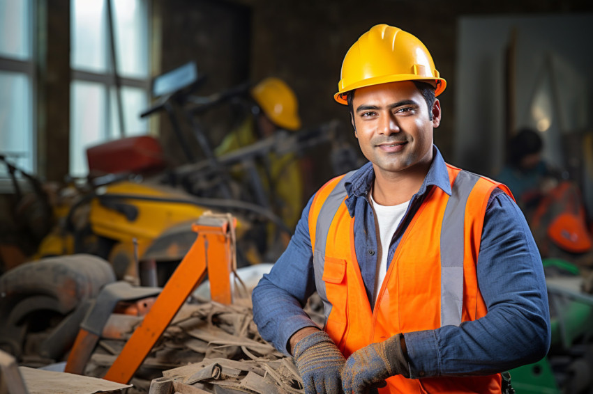 Indian construction worker smiling at work on blured background