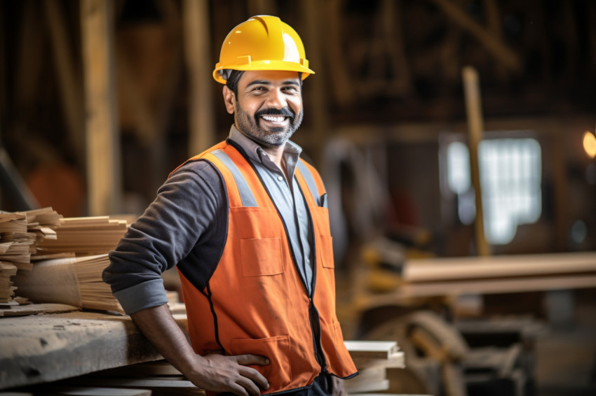 Indian construction worker smiling at work on blured background