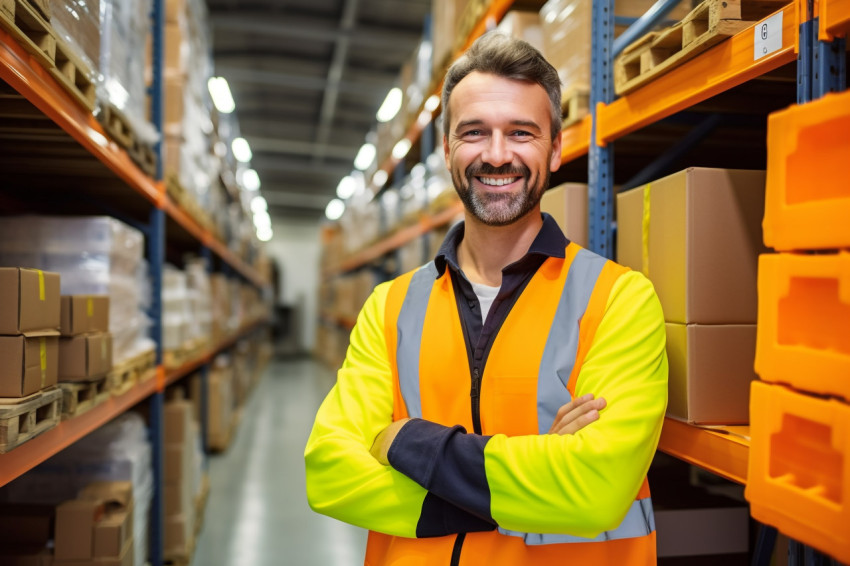 Automation engineer smiling at work on blurred background