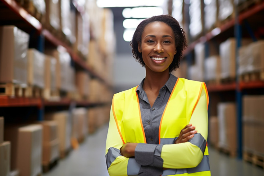 Smiling woman warehouse supervisor busy at work with blurred background