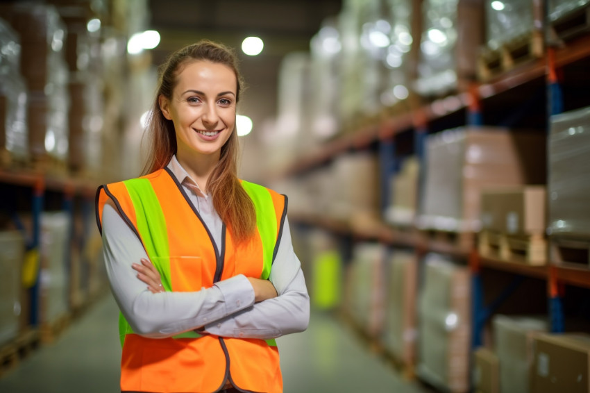 Smiling woman warehouse supervisor busy at work with blurred background