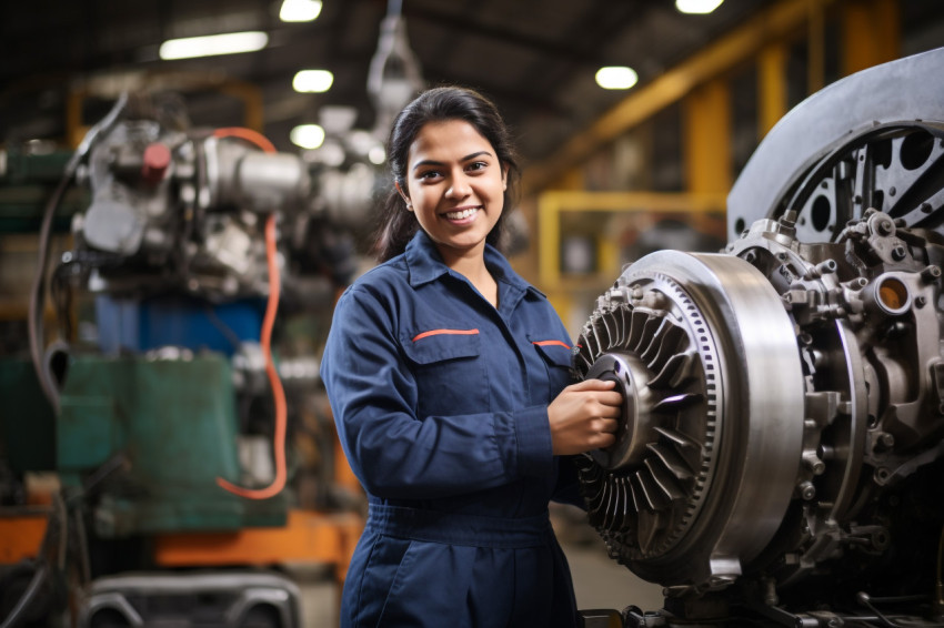 Indian female mechanical engineer working with a smile blurred background