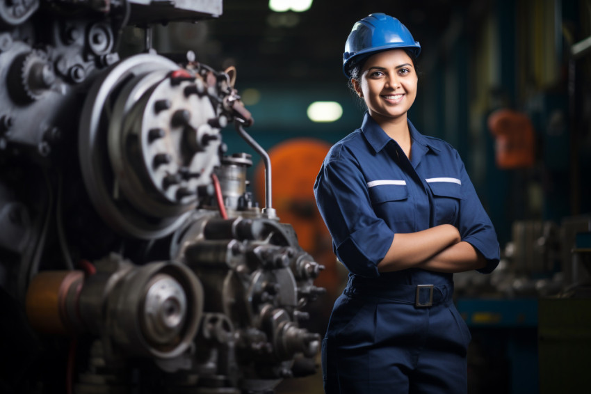 Indian female mechanical engineer working with a smile blurred background