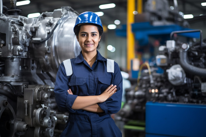 Indian female mechanical engineer working with a smile blurred background