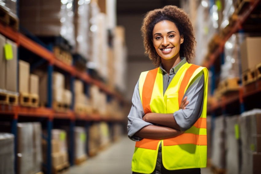 Smiling woman warehouse supervisor busy at work with blurred background