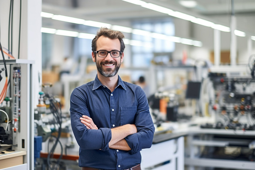 Automation engineer smiling at work on blurred background