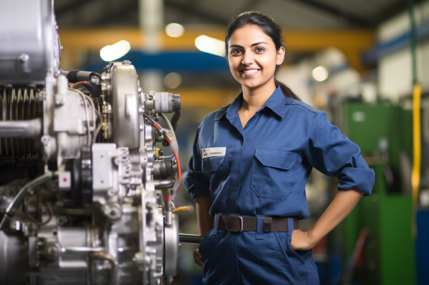 Indian female mechanical engineer working with a smile blurred background