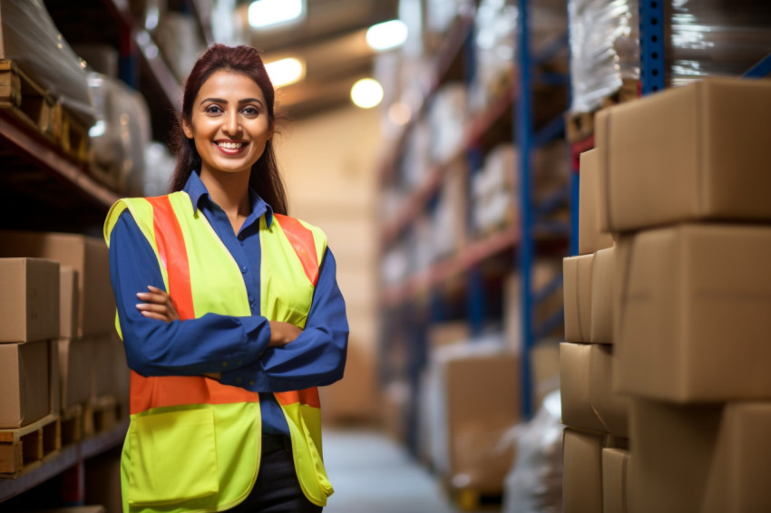 Indian woman warehouse worker smiling at work on  blurred background