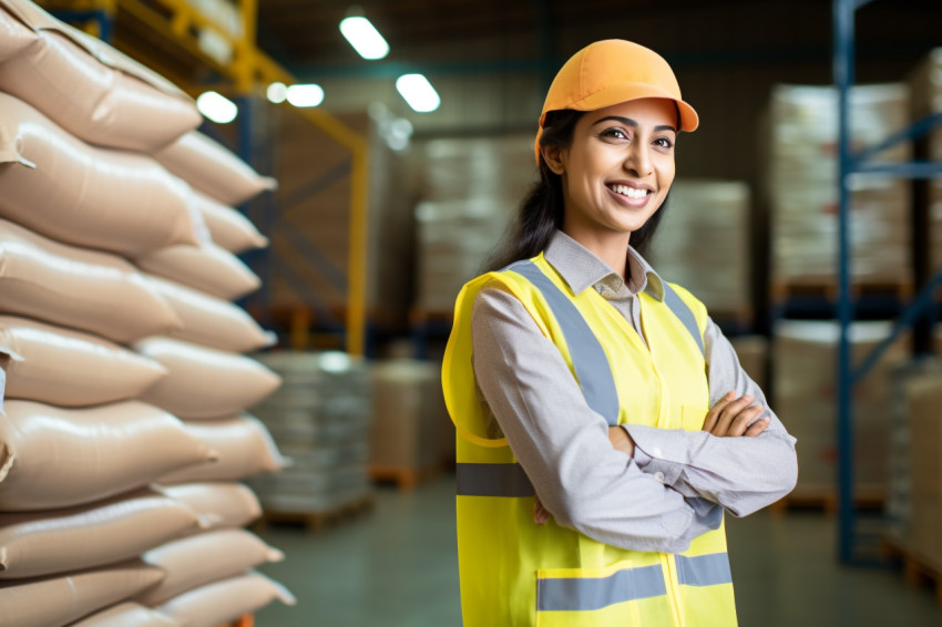 Indian woman warehouse worker smiling at work on  blurred background