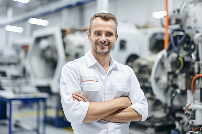 Friendly aerospace engineer working in a blurred factory background