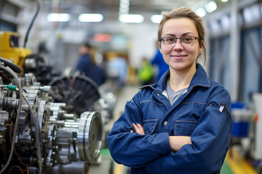 Smiling female engineer in heavy industry on blurred background