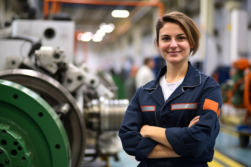 Smiling female engineer in heavy industry on blurred background