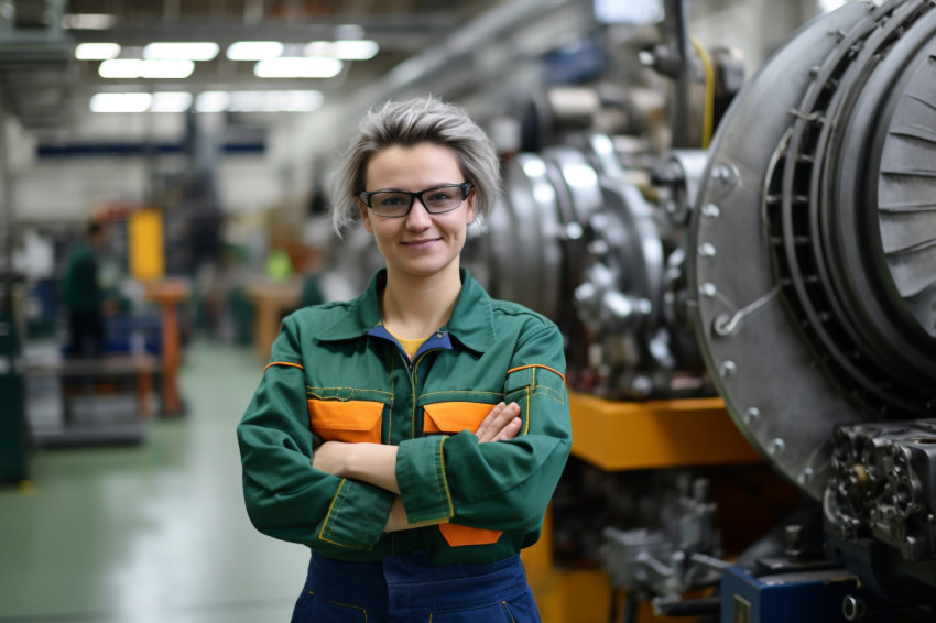 Smiling female engineer in heavy industry on blurred background