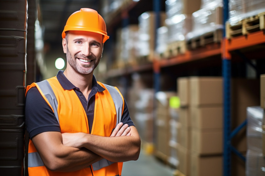 Handsome manufacturing supervisor smiling friendly at work on blurred background