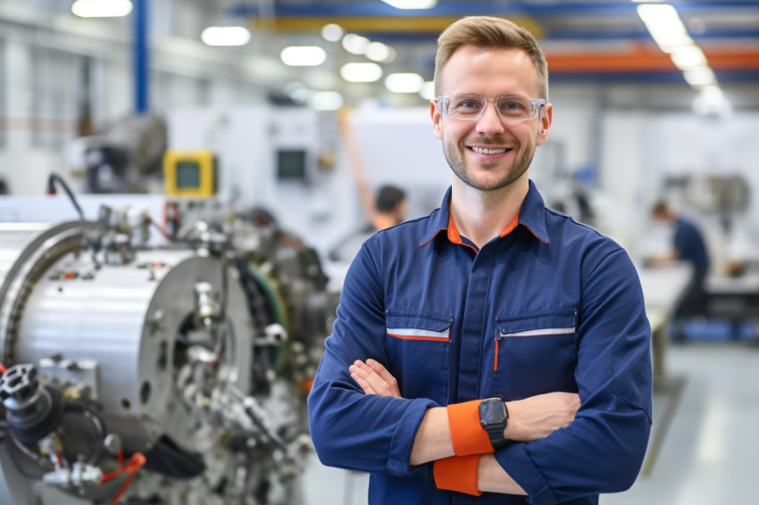 Friendly aerospace engineer working in a blurred factory background