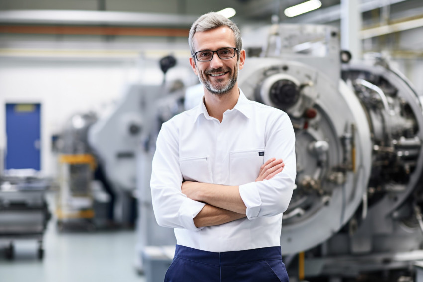 Friendly aerospace engineer working in a blurred factory background