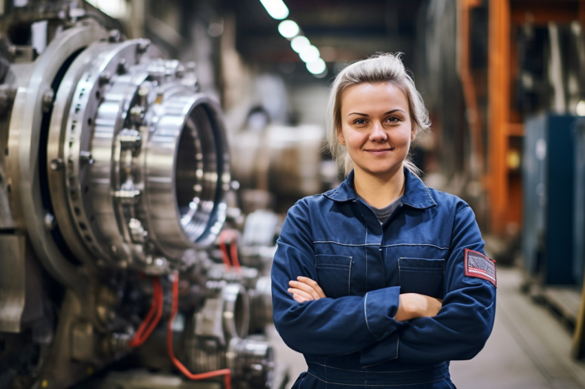 Smiling female engineer in heavy industry on blurred background