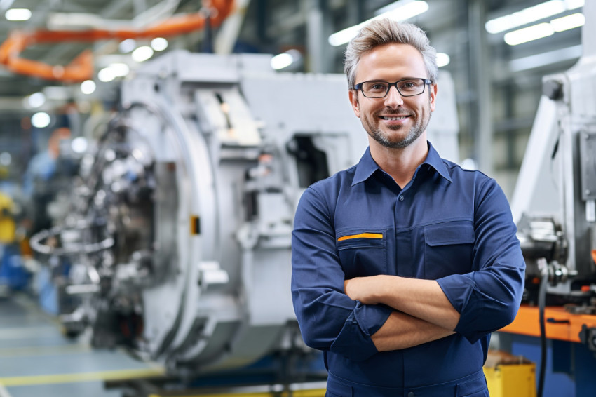 Friendly aerospace engineer working in a blurred factory background