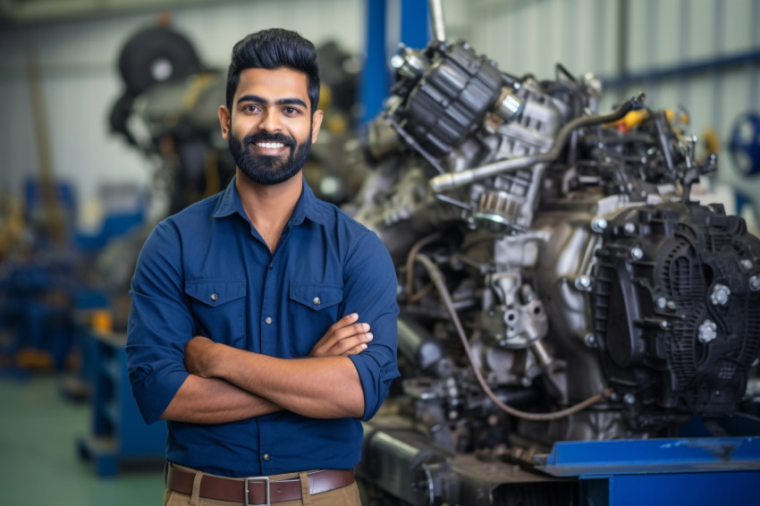 Smiling Indian male mechanical engineer at work on blured background