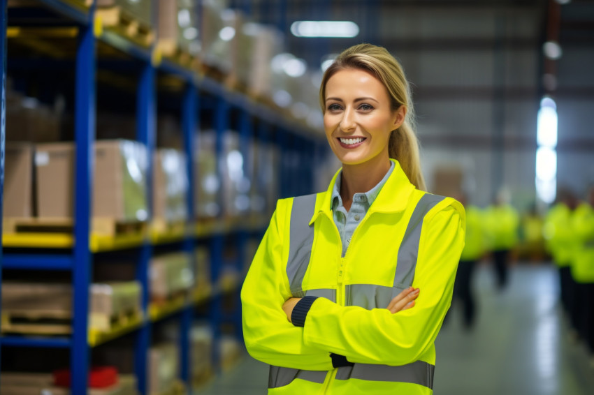 Happy female factory worker smiling on blurred background