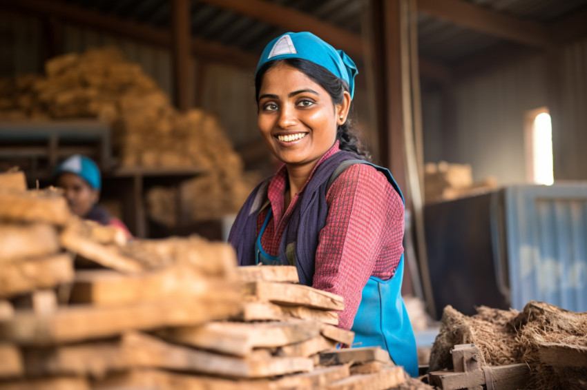 Indian woman foreman smiles at work on blurred background