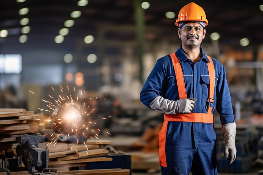 Indian woman foreman smiles at work on blurred background