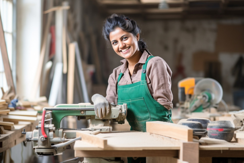 Indian woman foreman smiles at work on blurred background