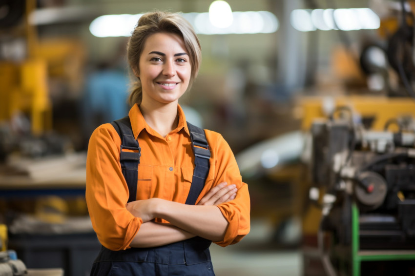 Smiling woman industrial worker at work on blurred background