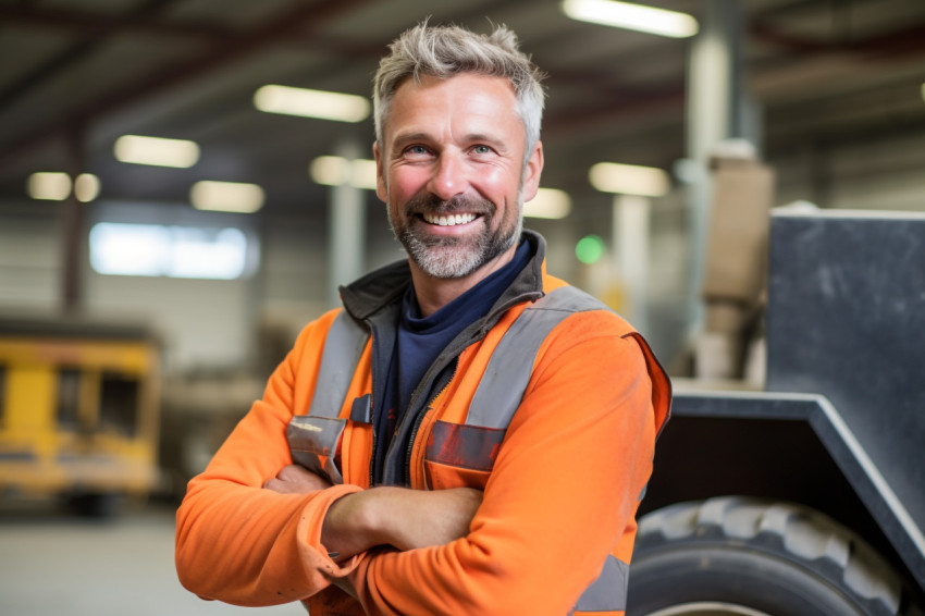 Smiling construction worker on blurred background