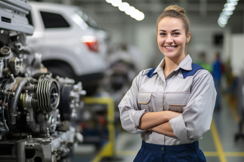 Smiling woman mechanic working on a blurred background