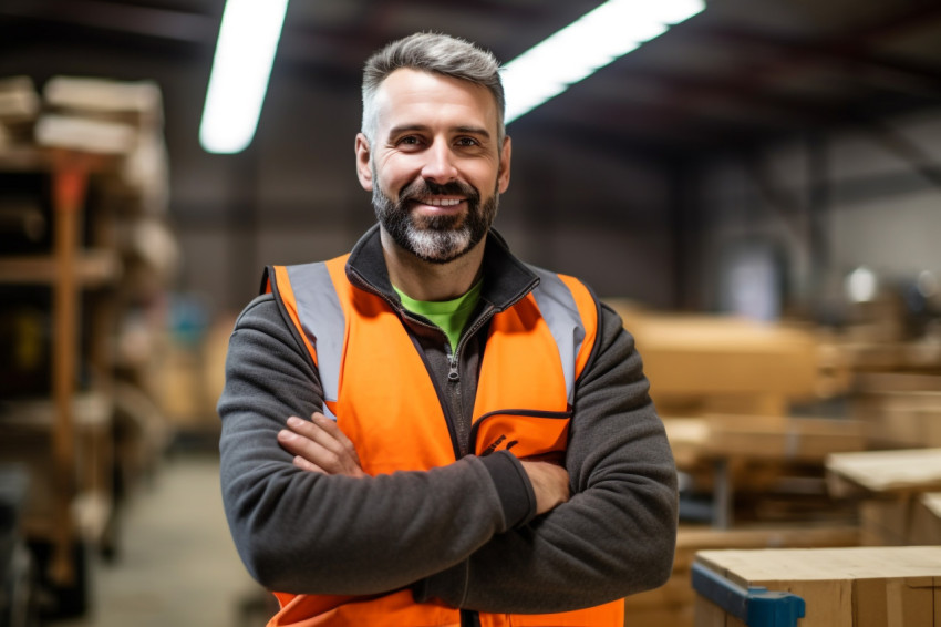 Smiling construction worker on blurred background