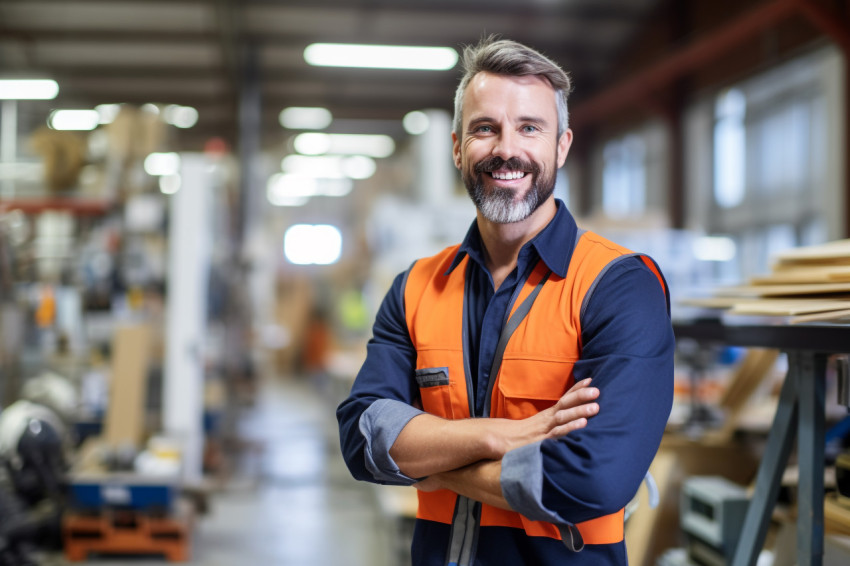 Smiling construction worker on blurred background