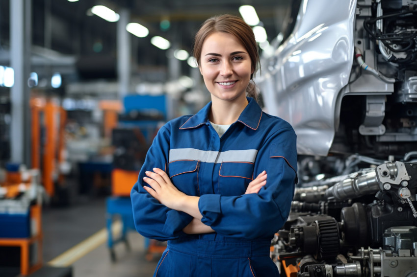 Smiling woman mechanic working on a blurred background