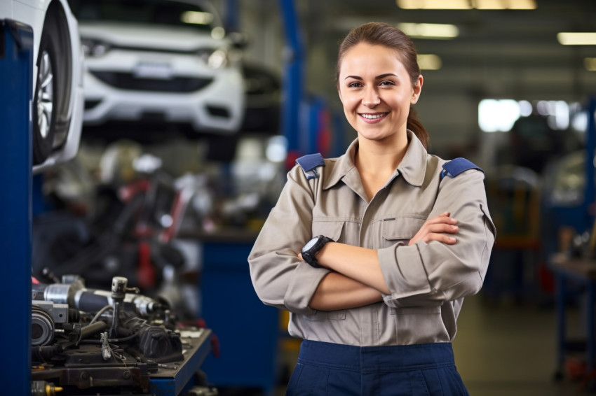 Smiling woman mechanic working on a blurred background