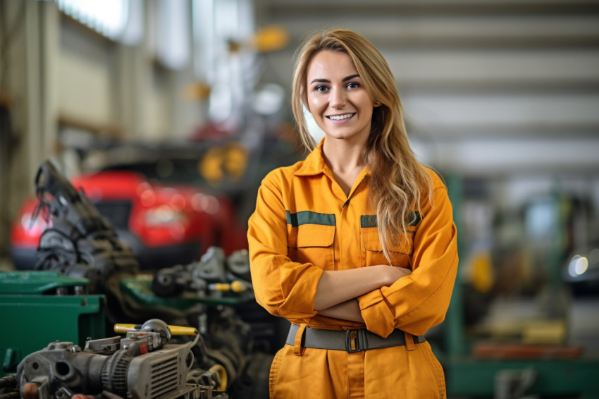 Smiling woman mechanic working on a blurred background