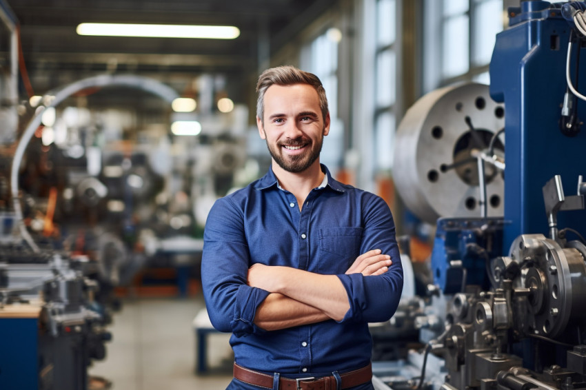 Handsome engineer working on blurred background