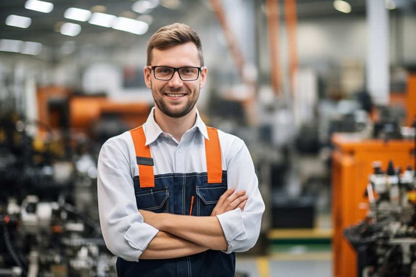 Handsome engineer working on blurred background