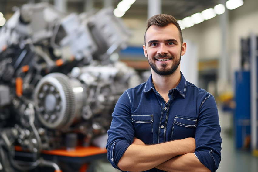 Handsome engineer working on blurred background