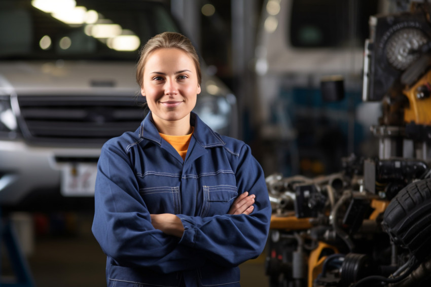 Female mechanic confidently working on a car in a garage on blured background