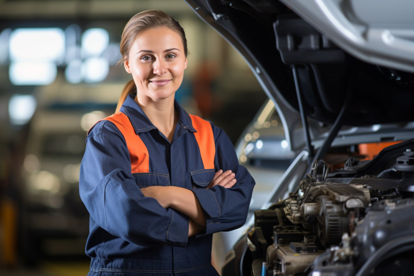 Female mechanic confidently working on a car in a garage on blured background