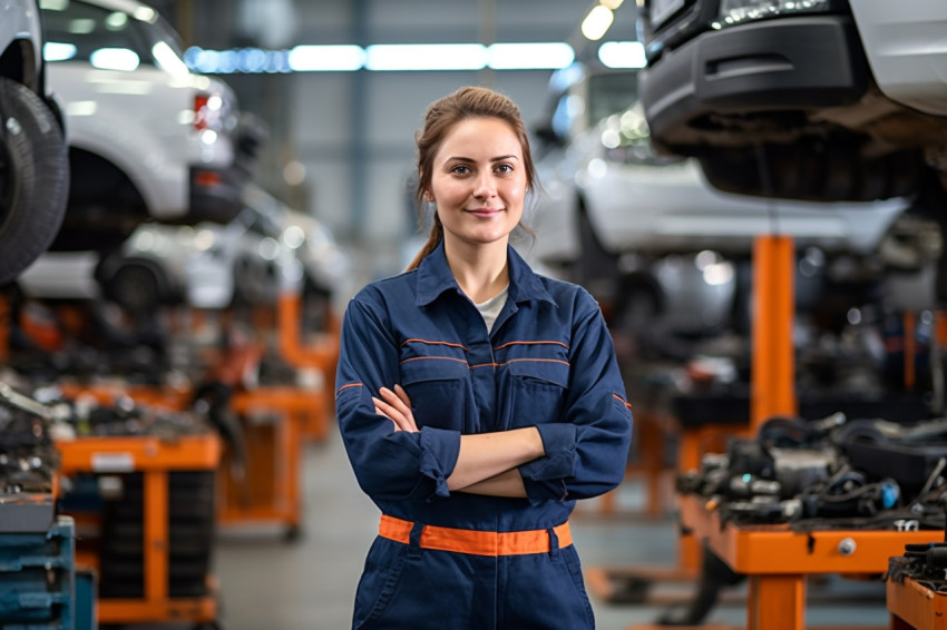 Female mechanic confidently working on a car in a garage on blured background