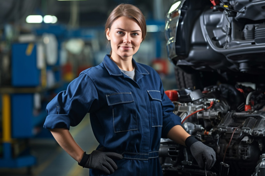 Female mechanic confidently working on a car in a garage on blured background