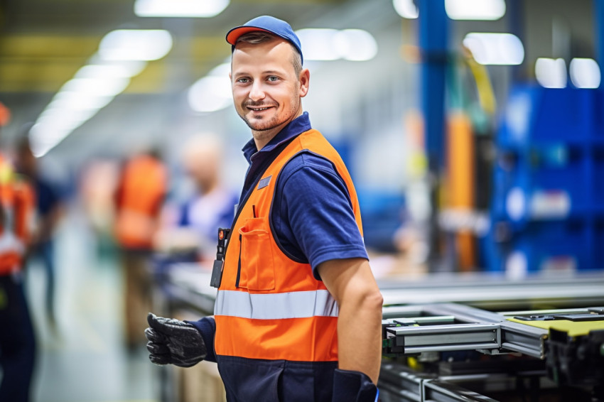 Confident assembly line worker at work on blurred background