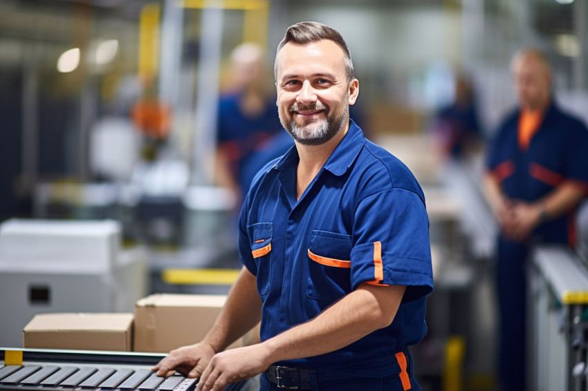 Confident assembly line worker at work on blurred background