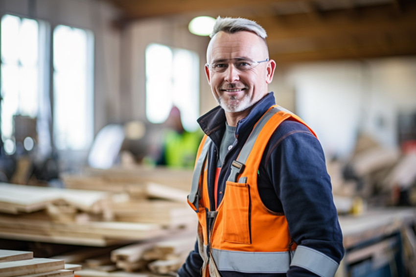 Carpenter working hard in a busy workshop on blured background