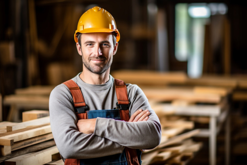 Carpenter working hard in a busy workshop on blured background