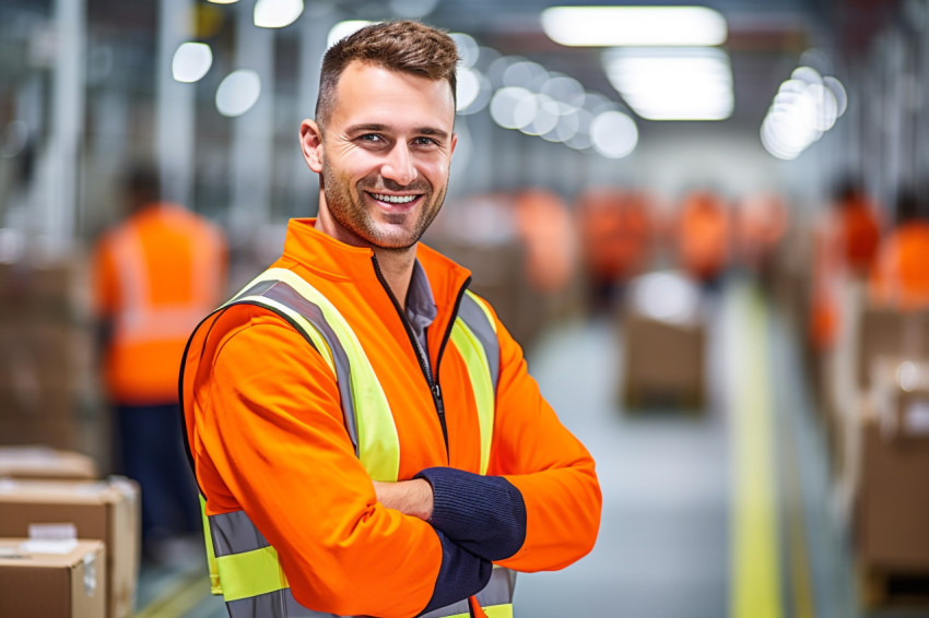 Confident assembly line worker at work on blurred background