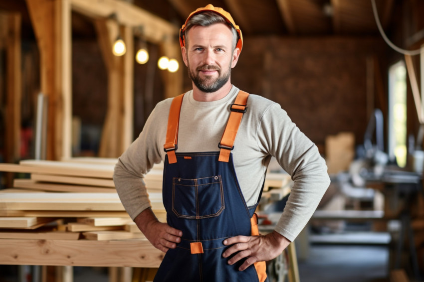 Carpenter working hard in a busy workshop on blured background